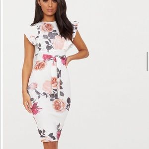 PrettyLittle Thing - White Floral Print Frill Midi Dress -Size 6 NEW TAGS ON
